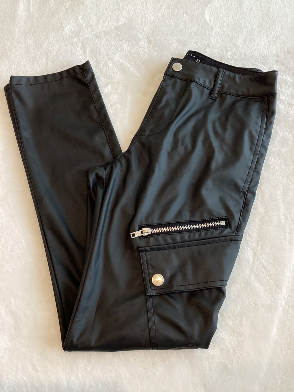 ASOS Faux Leather Skinny Straight Leg Pant Mid Rise Zippered Button Pocket Blqck